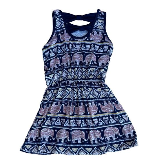 Poof Girl Blue Pink Elephant Sleeveless Cutout Bow Elastic Waist A-Line Dress L - Picture 3 of 4